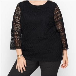 Talbots‎ Black Lace Long Sleeve Ribbon Neck Blouse Size XL